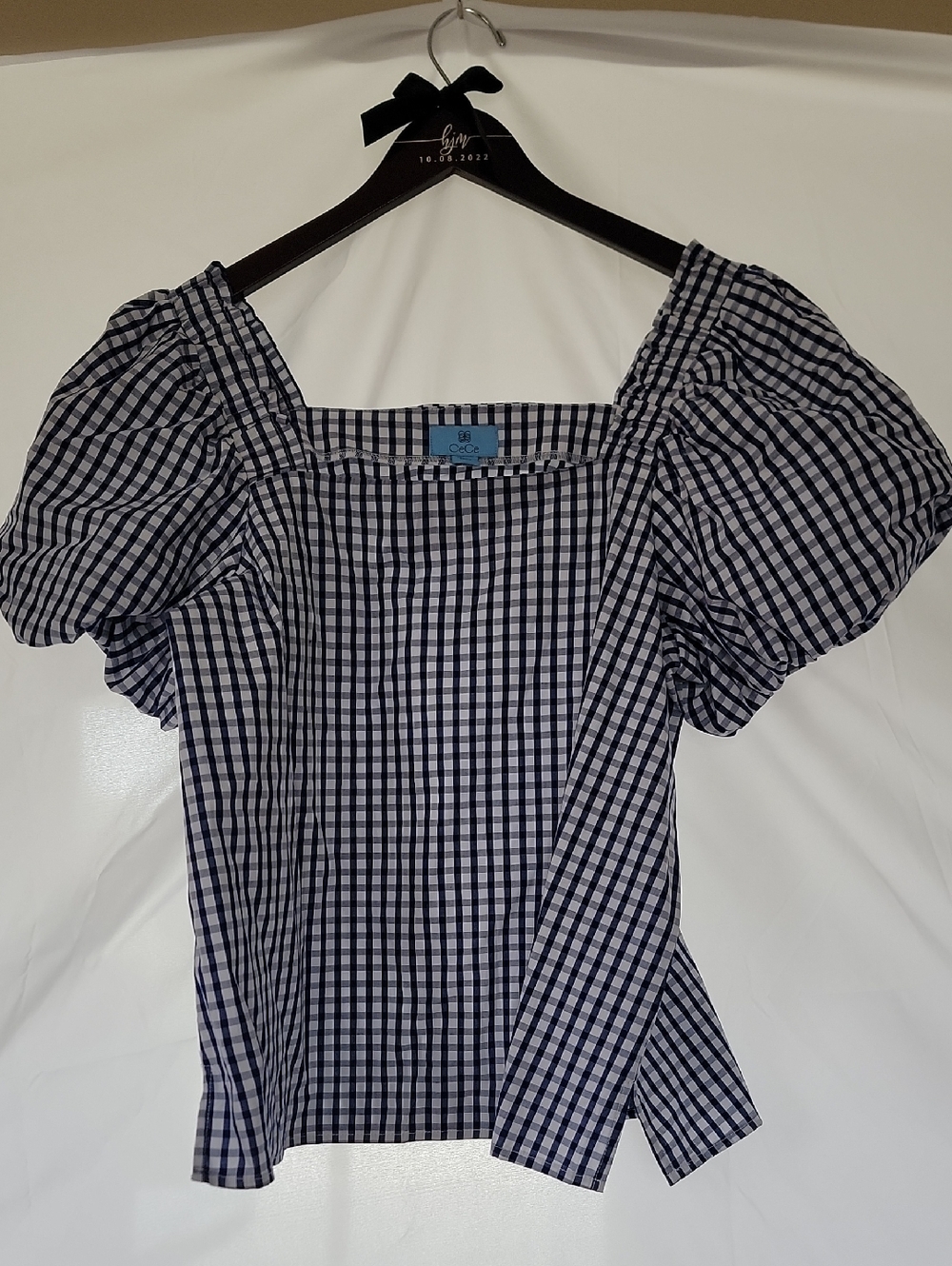 CeCe Navy and White Gingham Puff-Sleeve Blouse